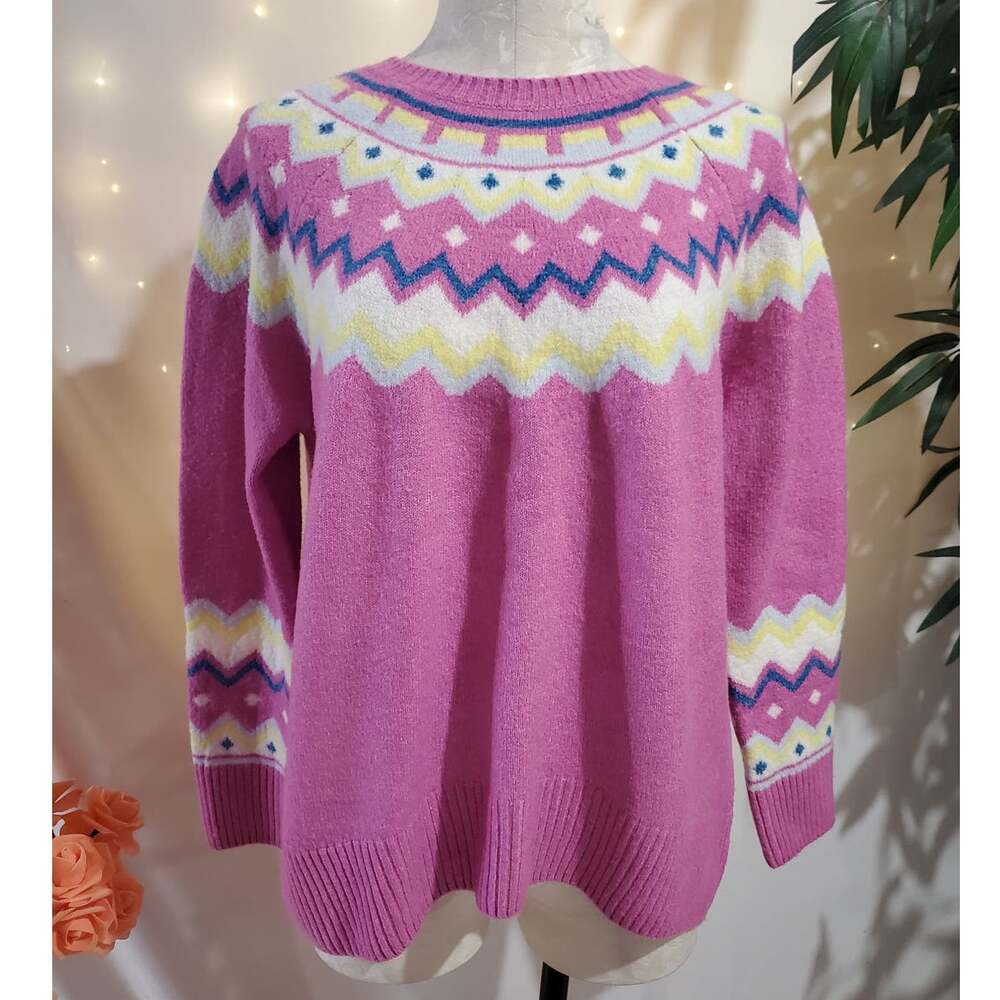 Vince Camuto Fair Isle Cozy Crewneck Sweater Womens Size S Pink Knit Ski Lodge
